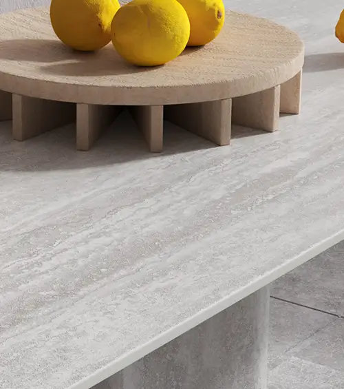 Ceramic tabletop with travertine stone effect