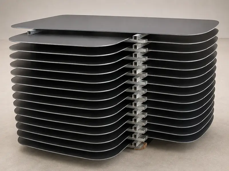ceramic dining tabletops stacked before packing
